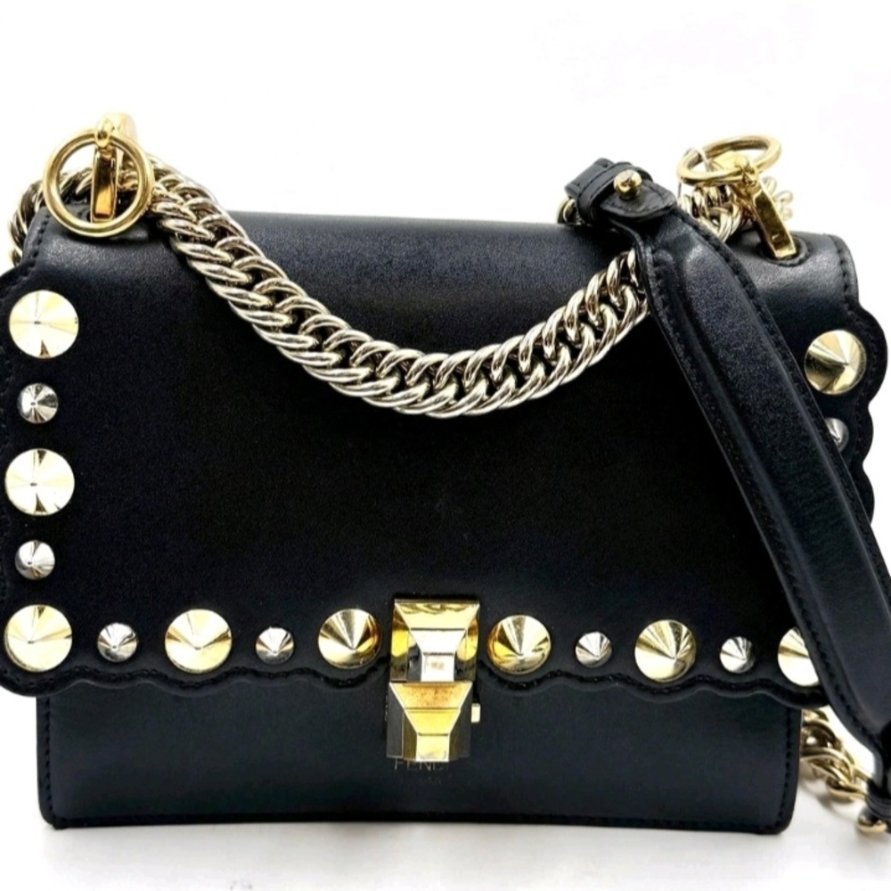 Fendi black calfskin leather Kan Shoulder / Crossbody Bag.